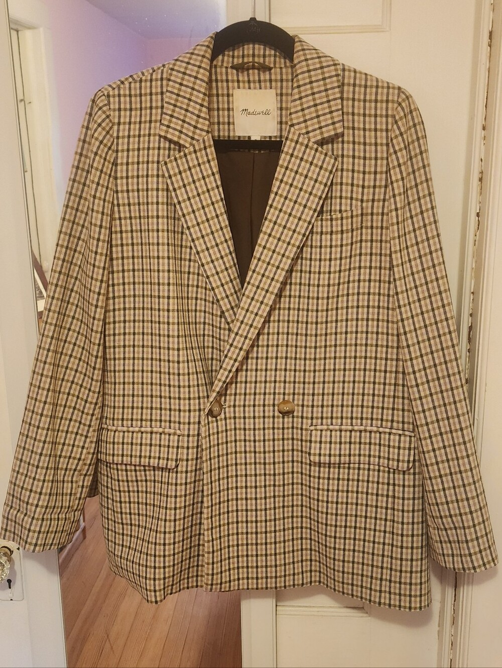 Madewell Tan, Olive, And Purple Plaid Double-Breasted Blazer